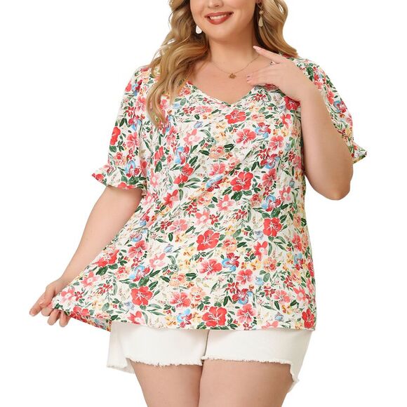 Plus Size Floral V Neck Ruffle Short Sleeve Chic Summer Tops White - Picture 2 of 8
